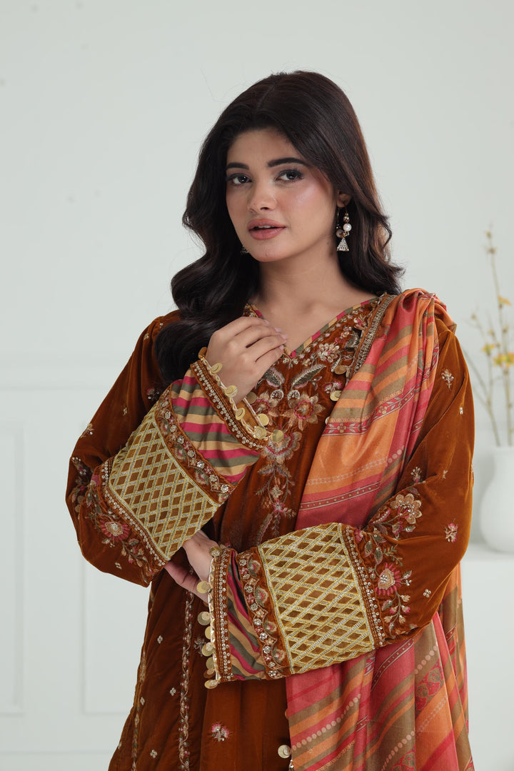 Embroidered Velvet Mustard Stitched Suit - Baroque