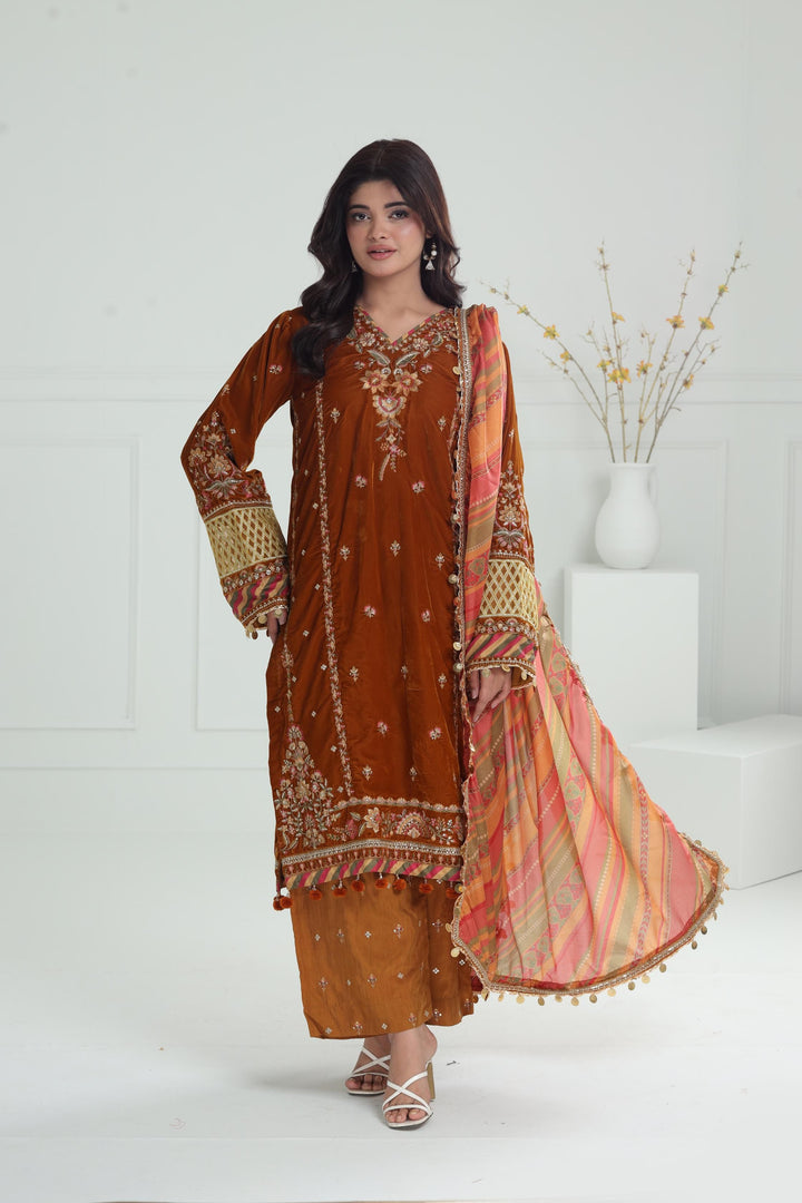 Embroidered Velvet Mustard Stitched Suit - Baroque