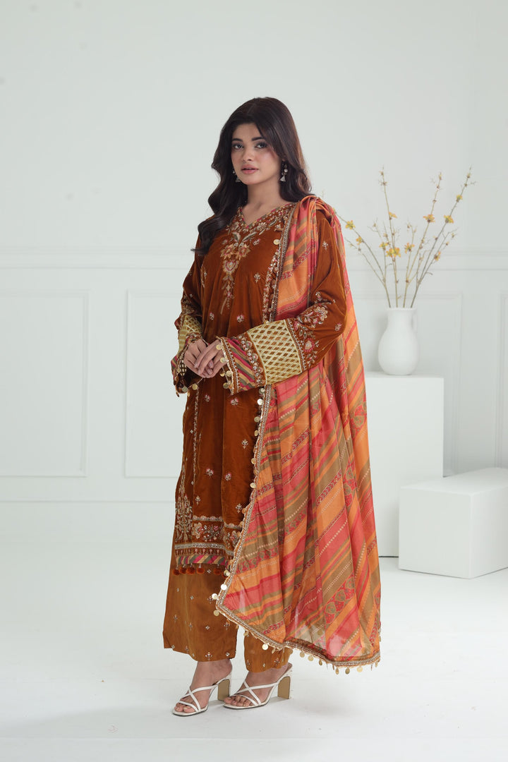 Embroidered Velvet Mustard Stitched Suit - Baroque