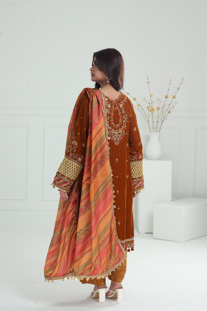 Embroidered Velvet Mustard Stitched Suit - Baroque