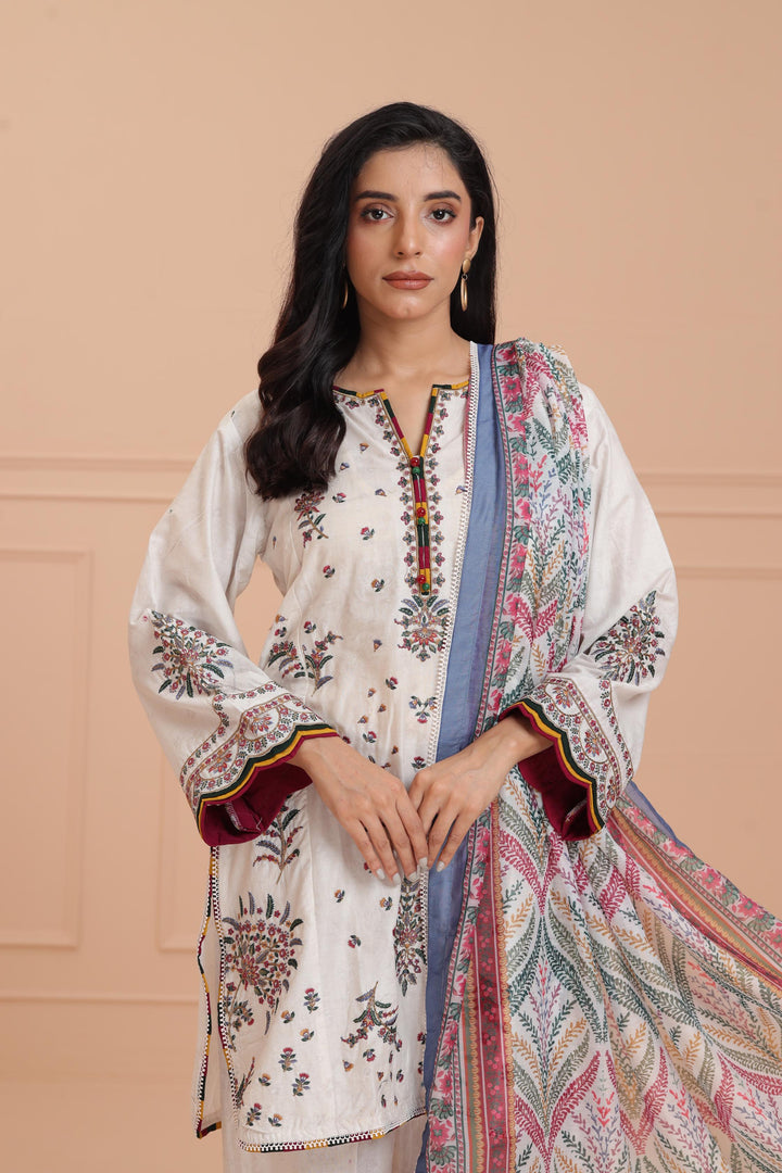 Lawn Off White Stitched Suit - Jazmin