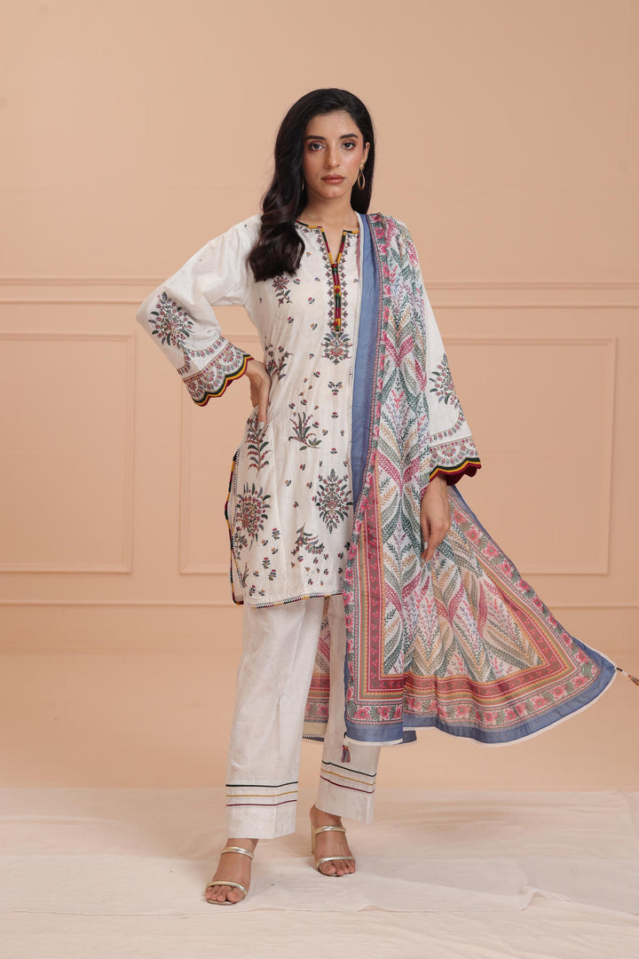 Lawn Off White Stitched Suit - Jazmin
