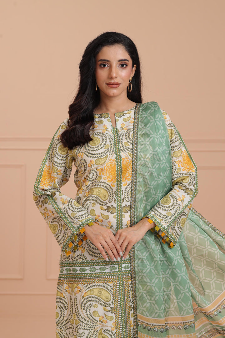 Lawn Cream Stitched Suit - Jazmin
