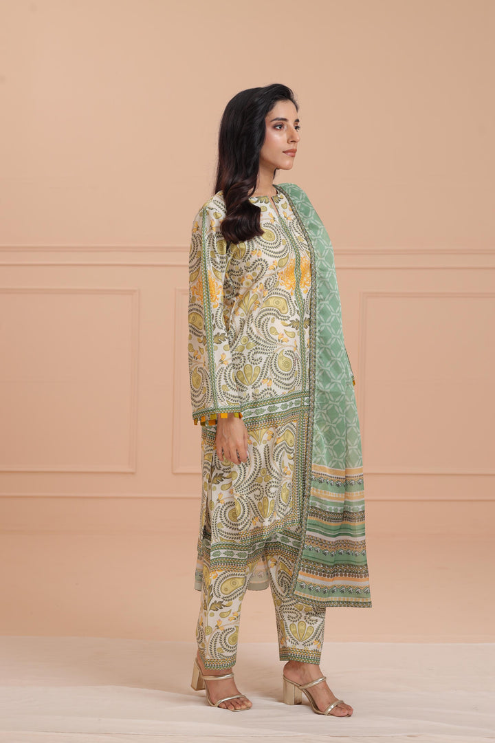 Lawn Cream Stitched Suit - Jazmin