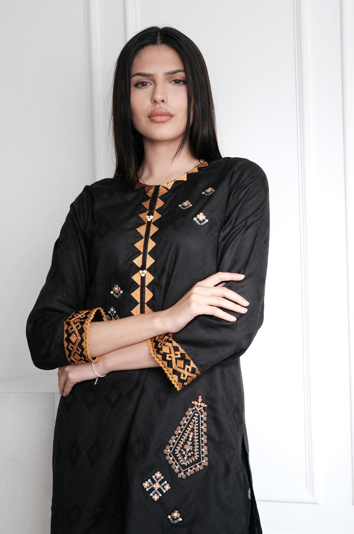 Dobby Black Stitched Suit - J. Junaid Jamshed