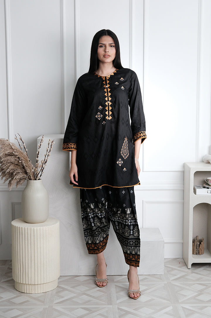 Dobby Black Stitched Suit - J. Junaid Jamshed