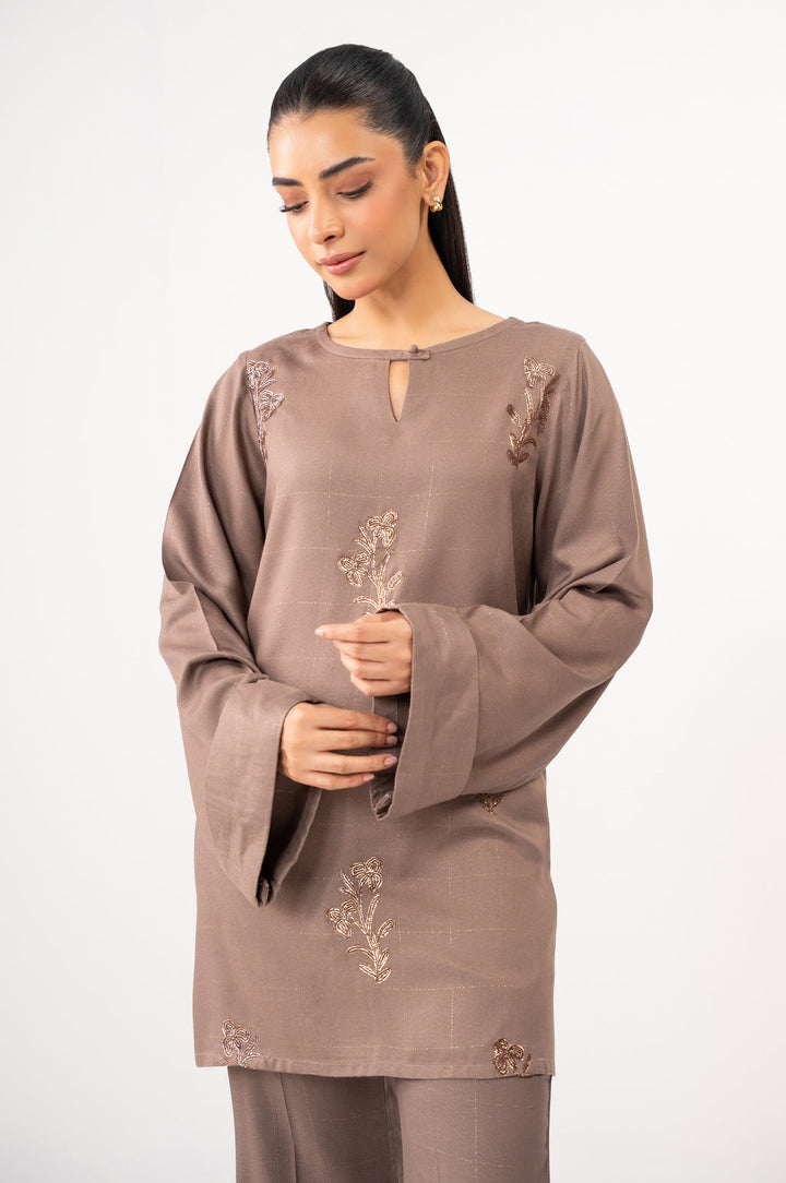 Crepe Lurex Light Brown Stitched Suit - Zeen