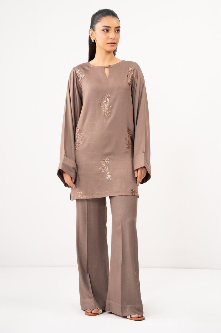 Crepe Lurex Light Brown Stitched Suit - Zeen