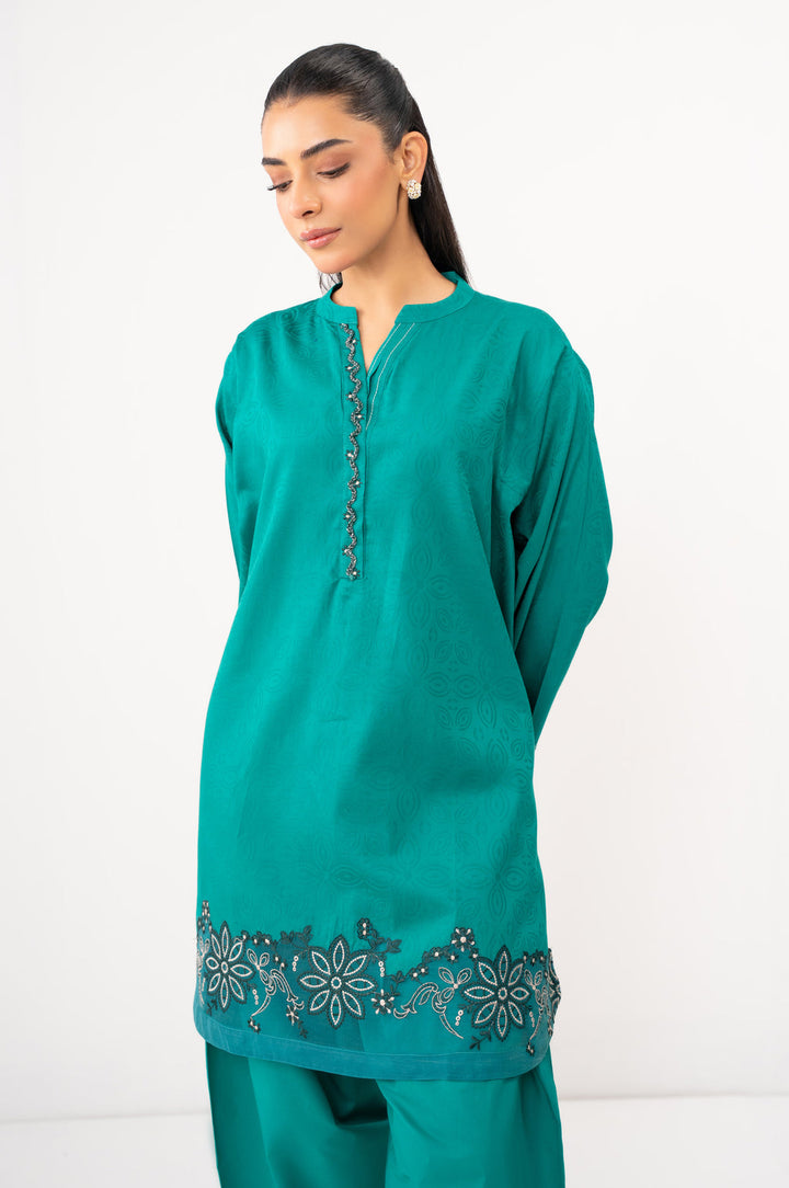 Satin Jacquard Sea Green Stitched Suit - Zeen