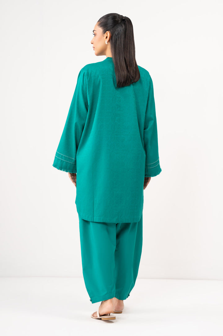 Satin Jacquard Sea Green Stitched Suit - Zeen