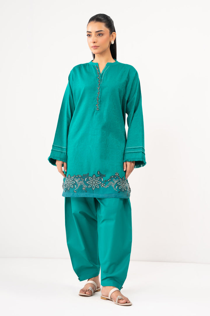 Satin Jacquard Sea Green Stitched Suit - Zeen