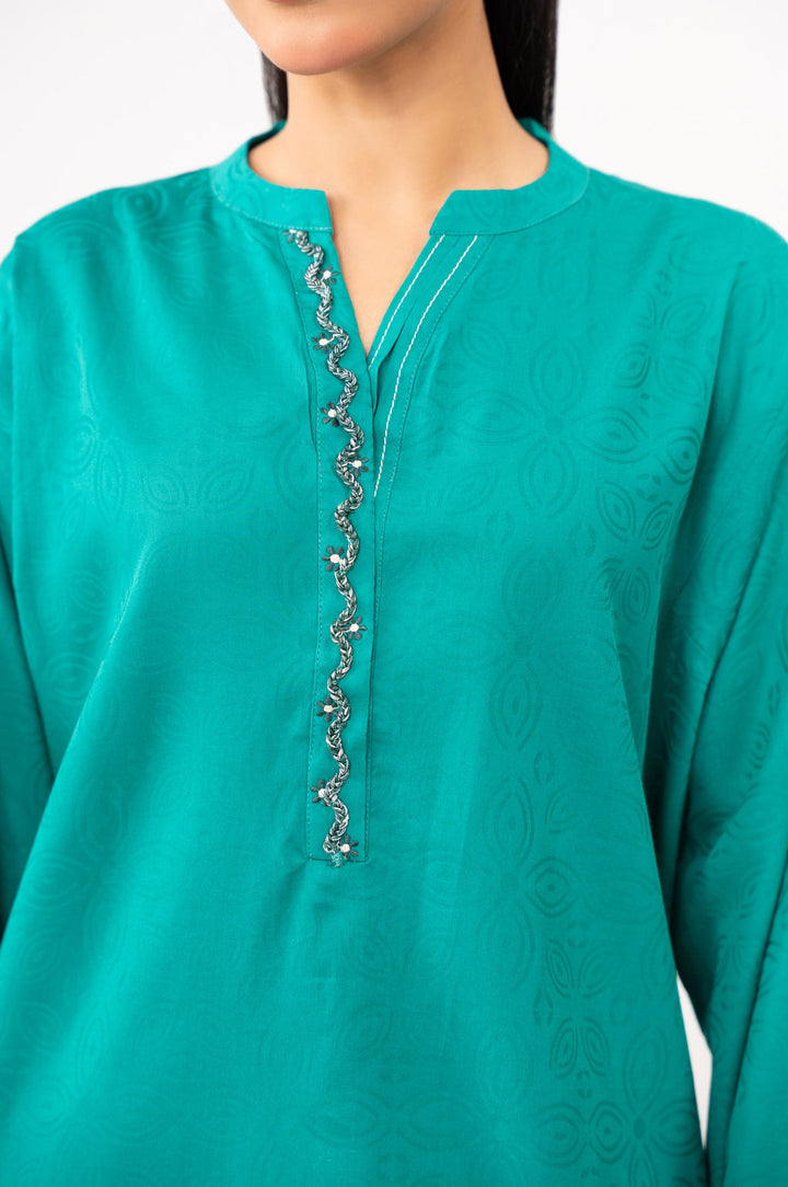 Satin Jacquard Sea Green Stitched Suit - Zeen