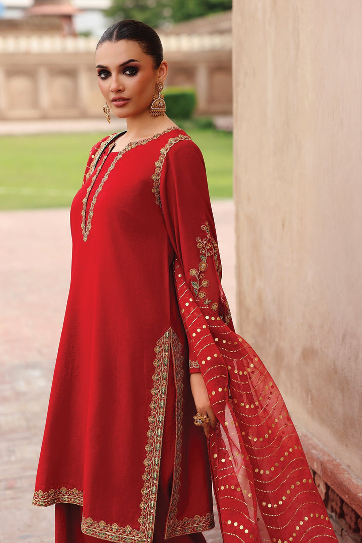 Embroidered Raw Silk Red Stitched Suit - Charizma