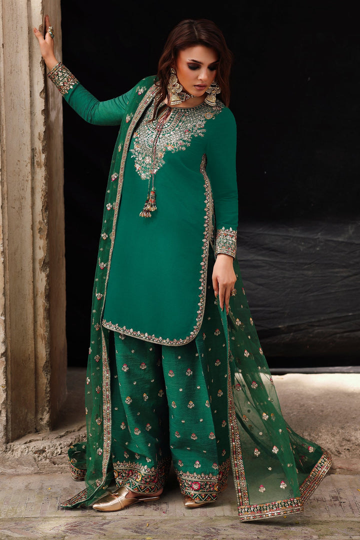 Embroidered Raw Silk Green Stitched Suit - Charizma