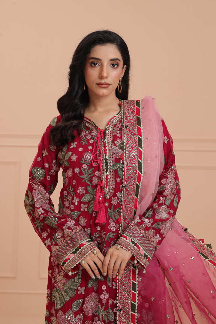 Embroidered Chiffon Hot Pink Suit - Jazmin Wedding Formals Stitched