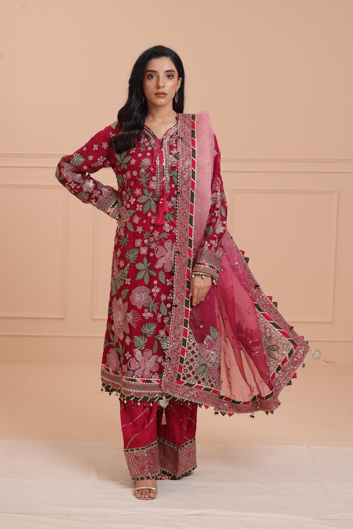 Embroidered Chiffon Hot Pink Suit - Jazmin Wedding Formals Stitched
