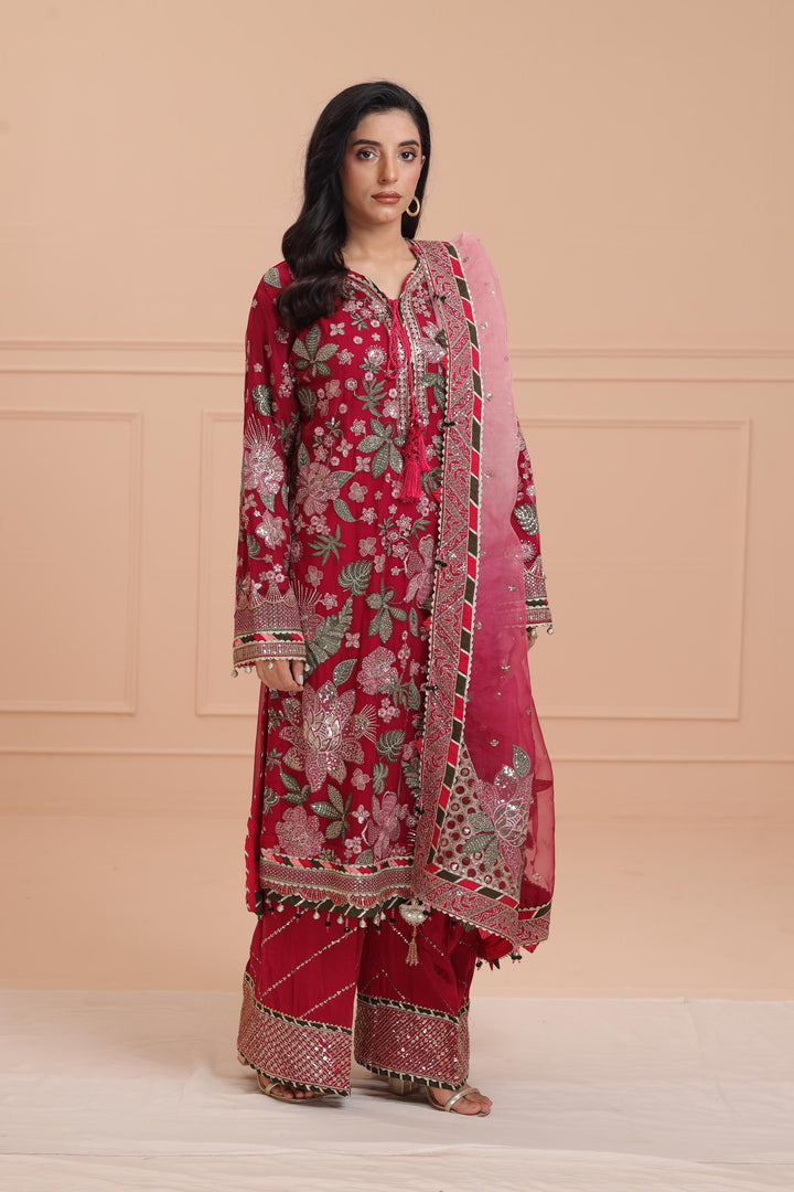 Embroidered Chiffon Hot Pink Suit - Jazmin Wedding Formals Stitched