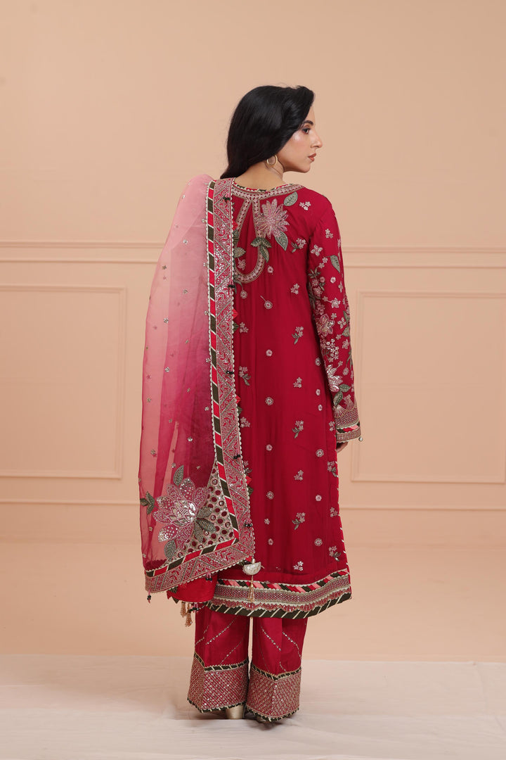 Embroidered Chiffon Hot Pink Suit - Jazmin Wedding Formals Stitched