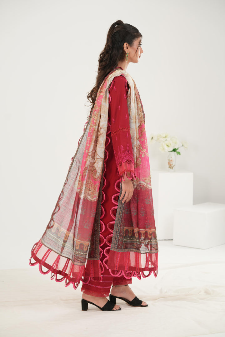 Embroidered Lawn Red Stitched Suit - Zellbury