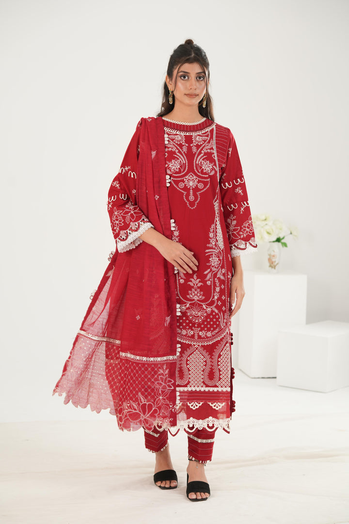 Embroidered Lawn Red Stitched Suit - Zellbury
