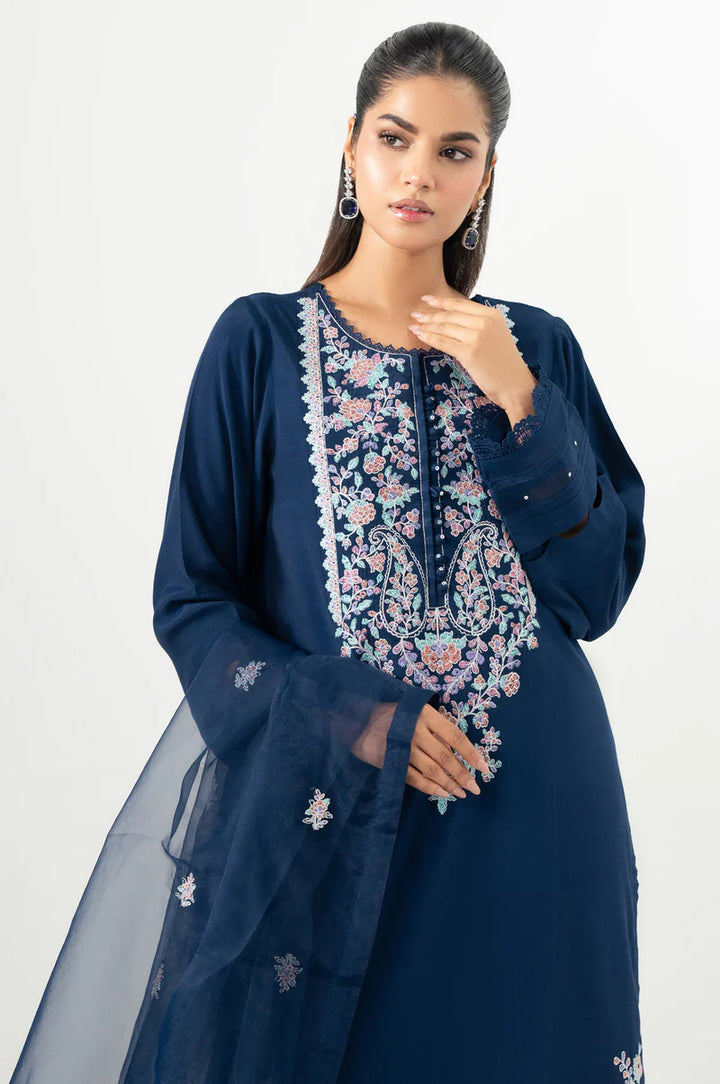 Embroidered Dull Raw Silk Blue Stitched Suit - Zeen