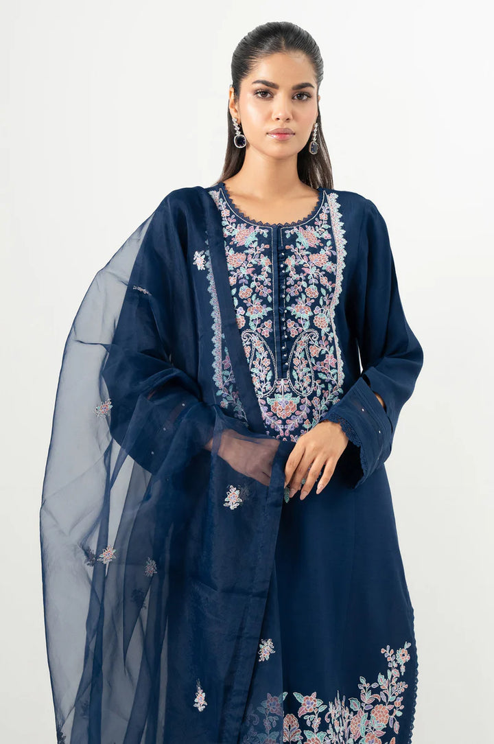 Embroidered Dull Raw Silk Blue Stitched Suit - Zeen