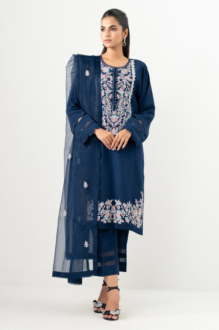 Embroidered Dull Raw Silk Blue Stitched Suit - Zeen