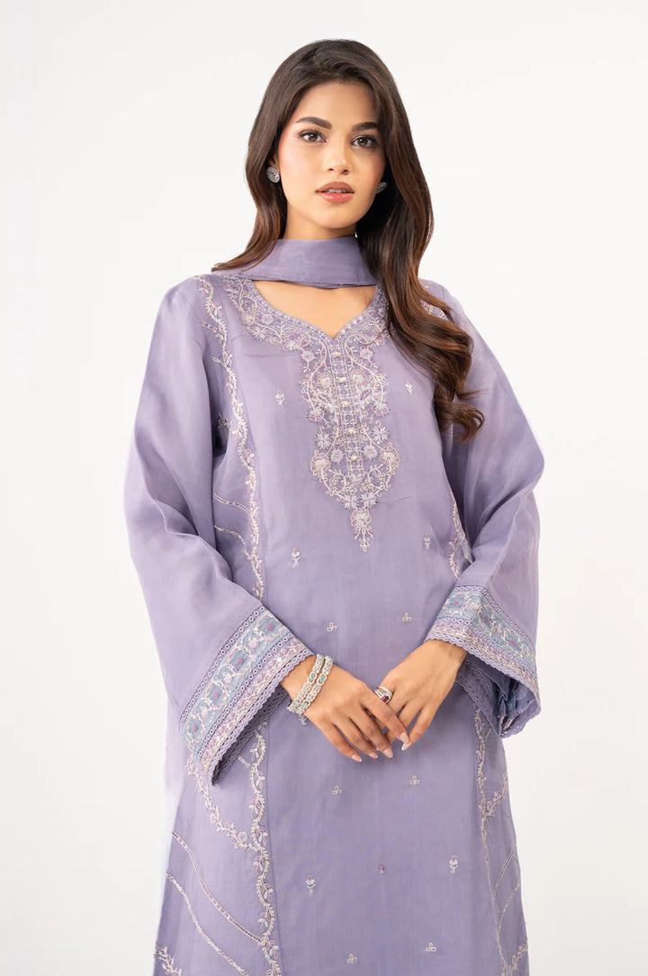 Embroidered Organza Purple Stitched Suit - Zeen