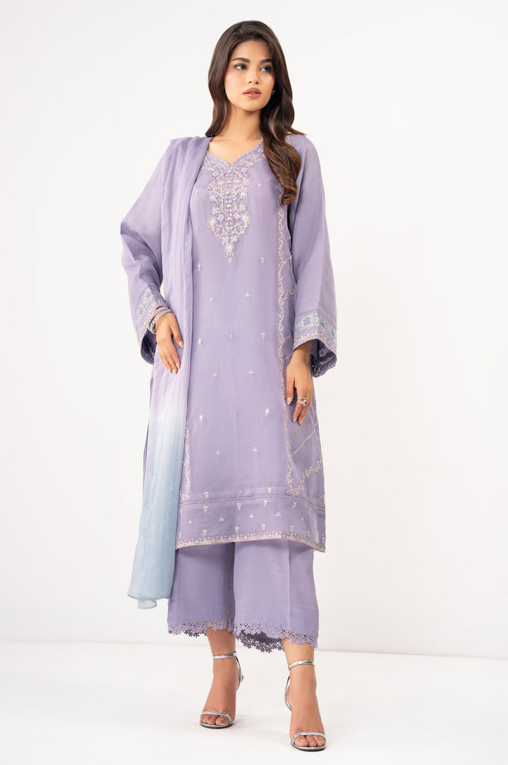 Embroidered Organza Purple Stitched Suit - Zeen