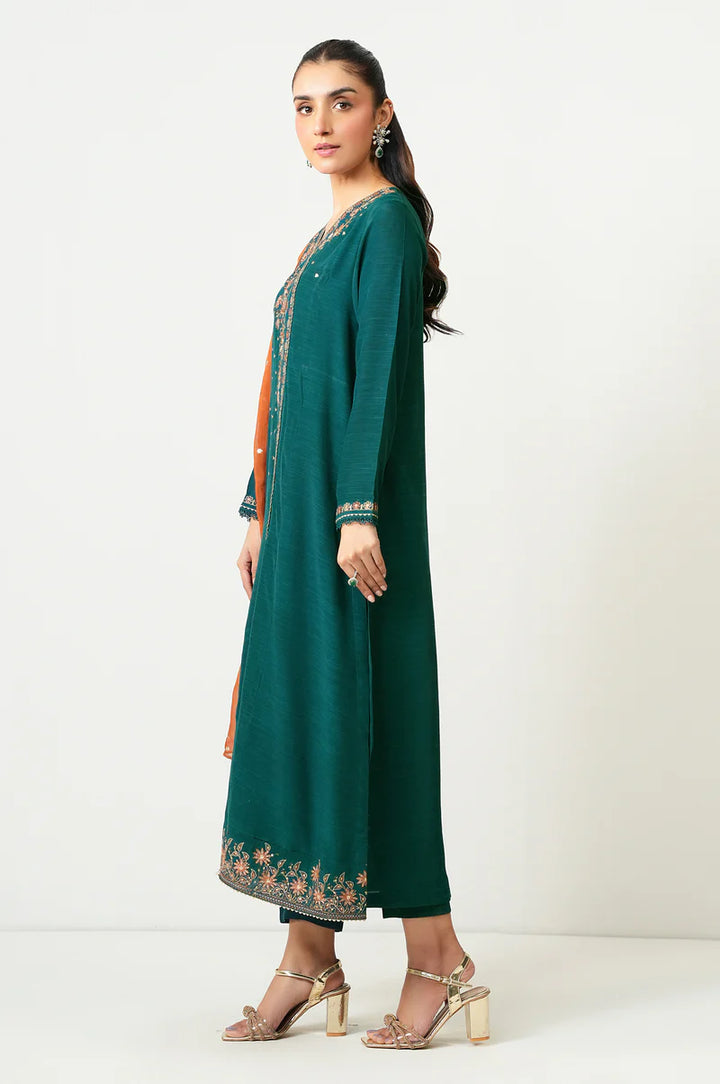 Embroidered Raw Silk Teal Green Stitched Suit - Zeen