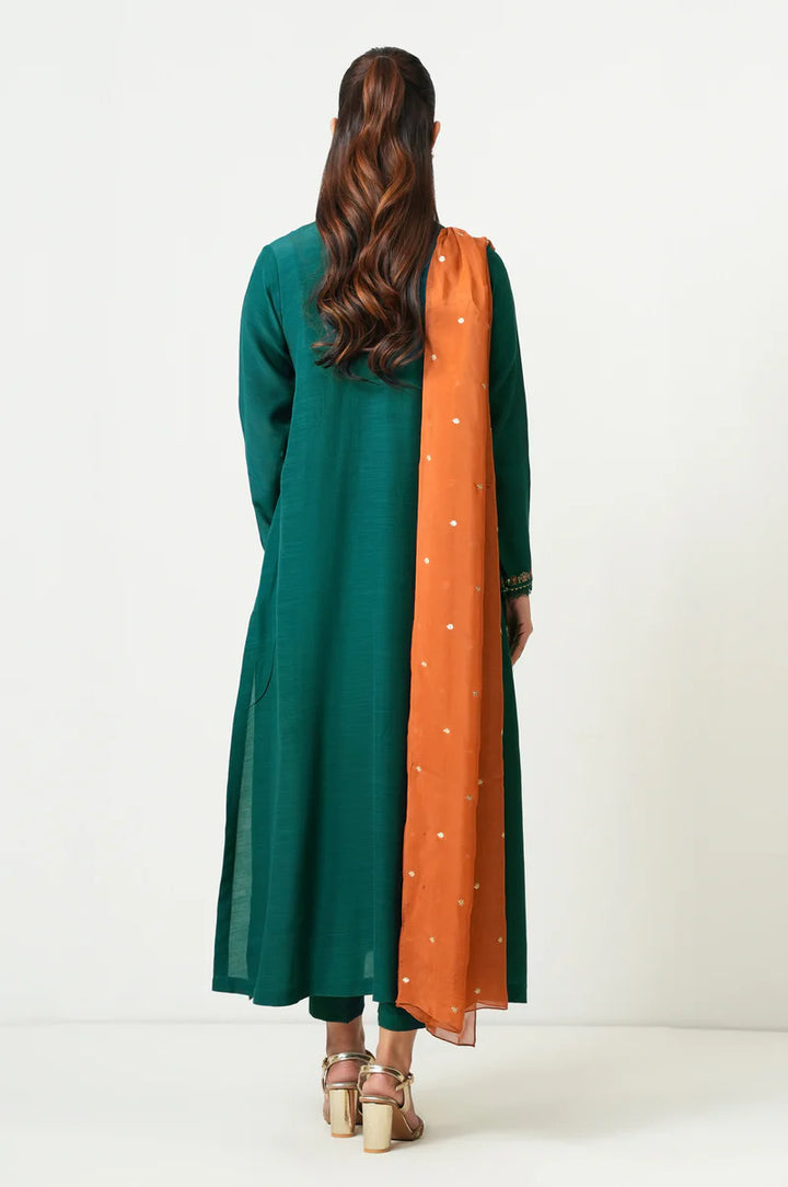 Embroidered Raw Silk Teal Green Stitched Suit - Zeen
