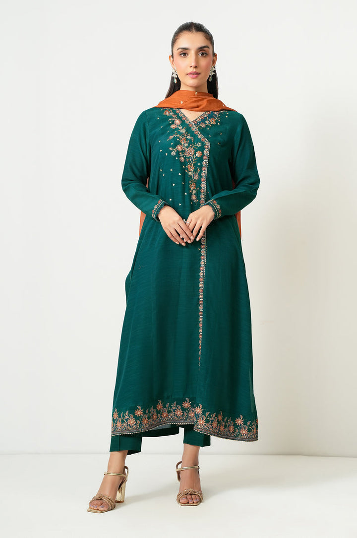 Embroidered Raw Silk Teal Green Stitched Suit - Zeen