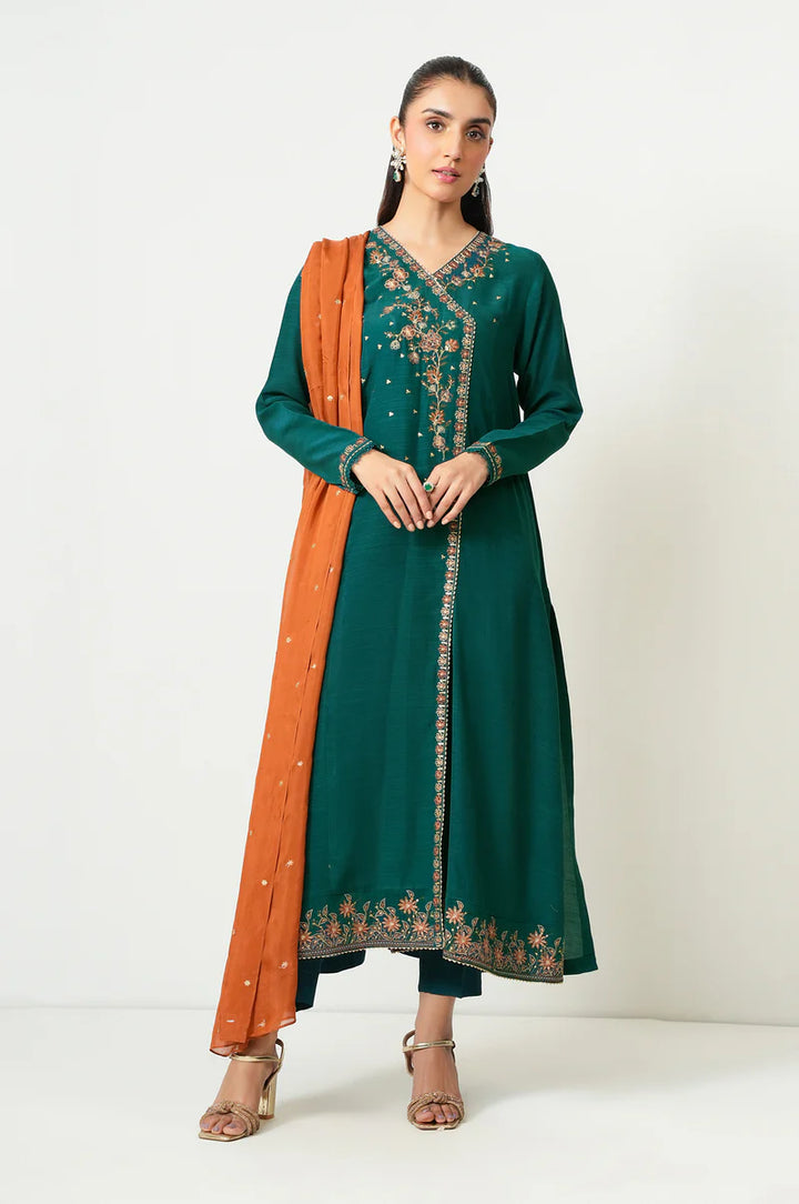 Embroidered Raw Silk Teal Green Stitched Suit - Zeen