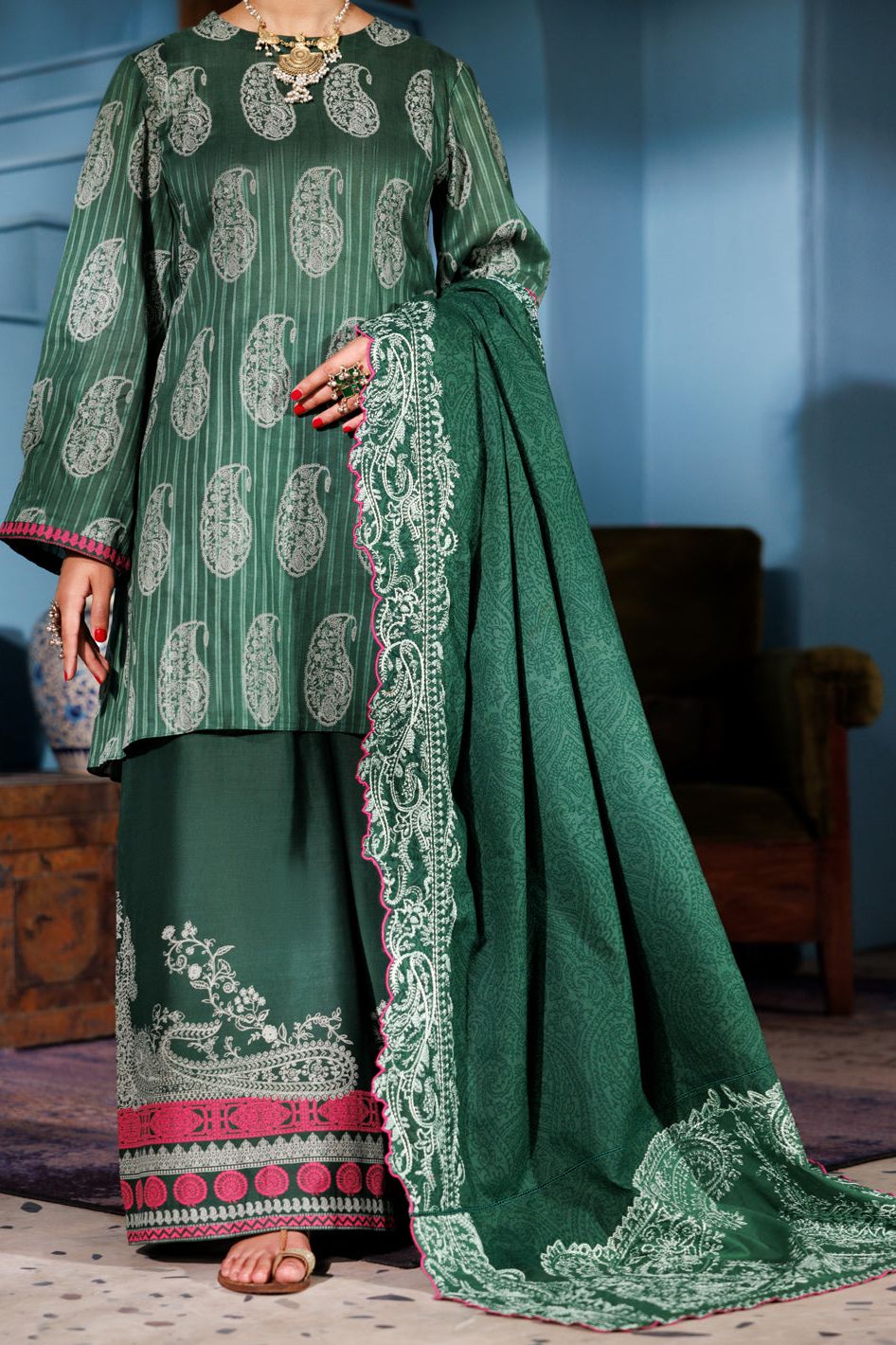 Strip Dobby Green Unstitched Suit - Almirah