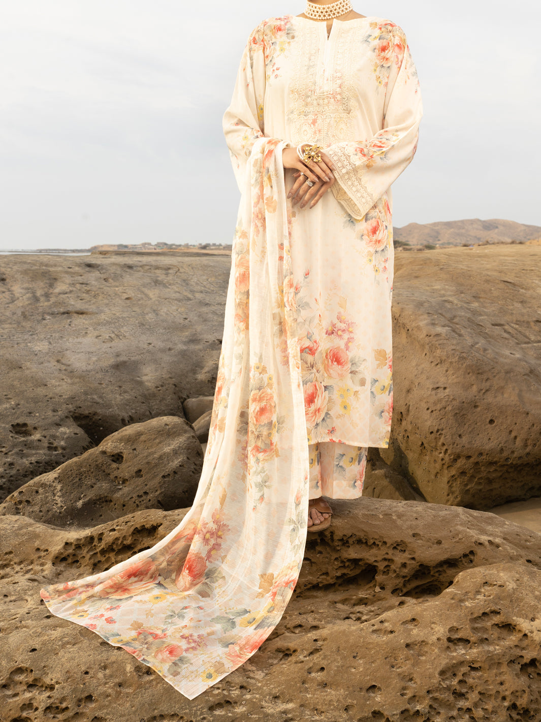 Lawn Cream Unstitched Suit - Almirah