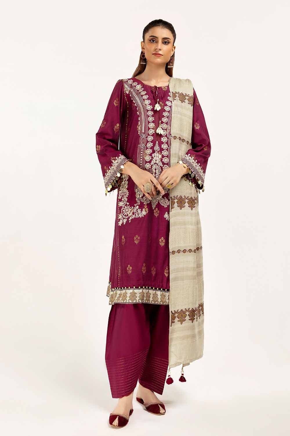 Embroidered Jacquard Maroon Unstitched Suit - Gul Ahmed