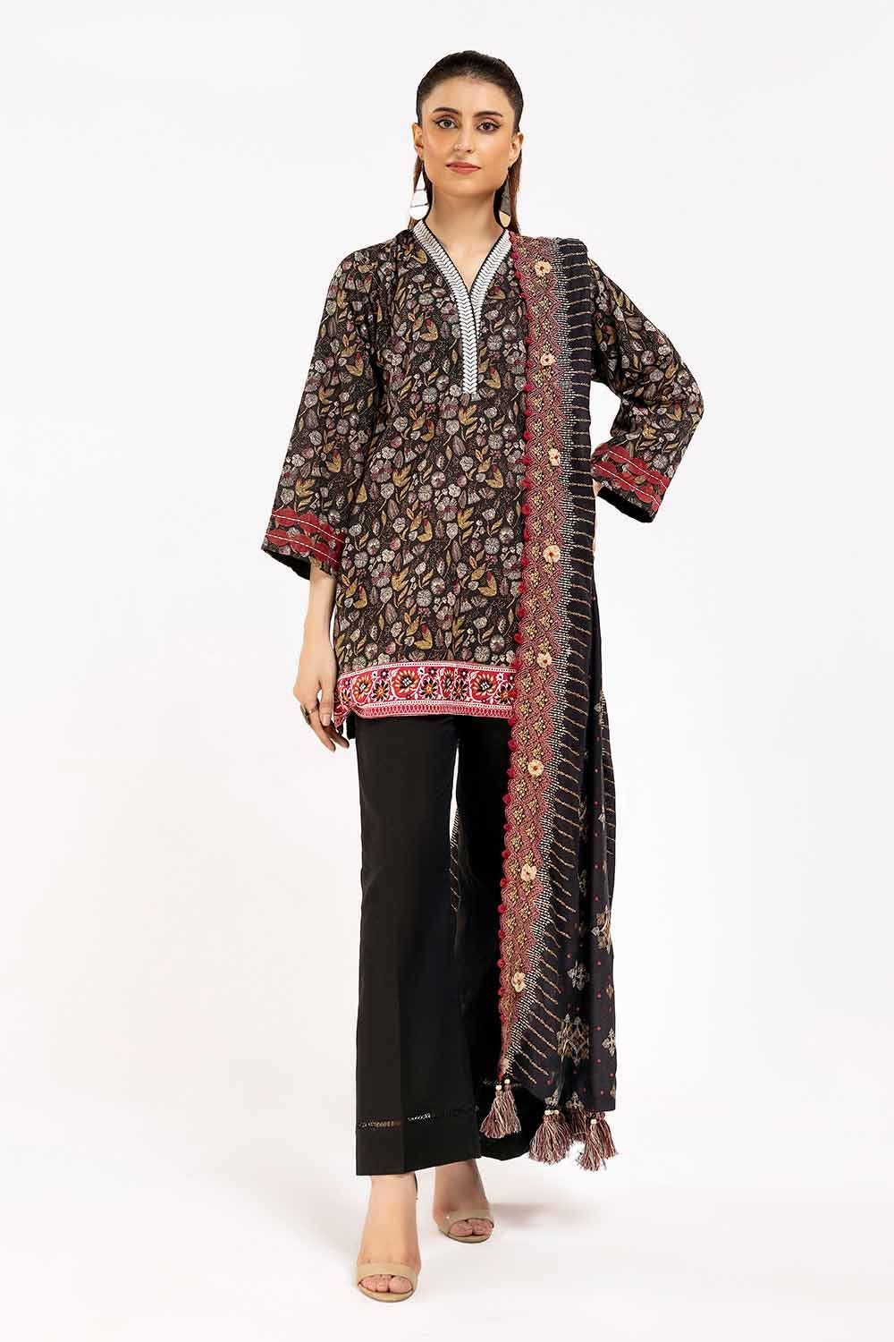 Printed Khaddar Black Unstitched Suit - Gul Ahmed
