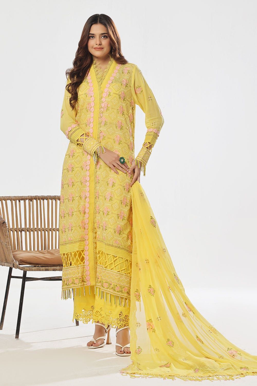 Embroidered Swiss Voile Yellow Unstitched Suit - Gul Ahmed