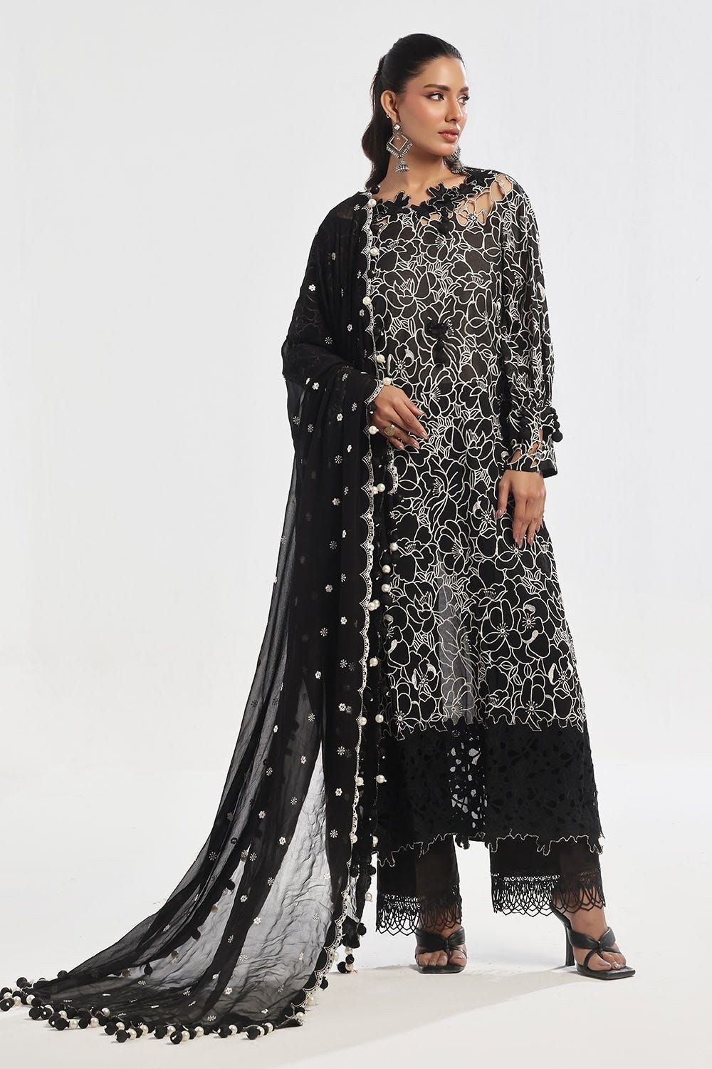 Embroidered Swiss Voile Black Unstitched Suit - Gul Ahmed