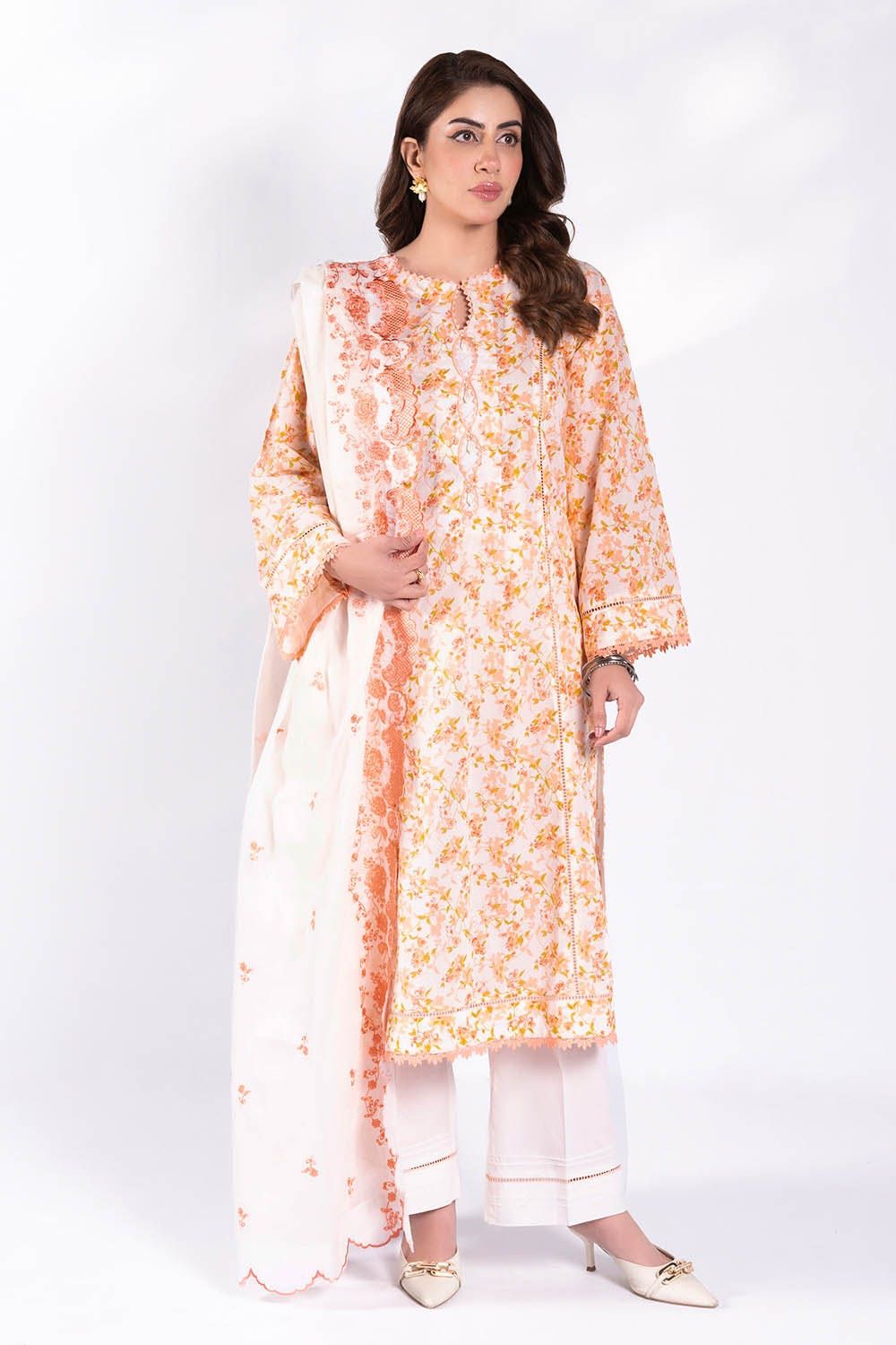 Printed Lawn White Unstitched Suit - Gul Ahmed