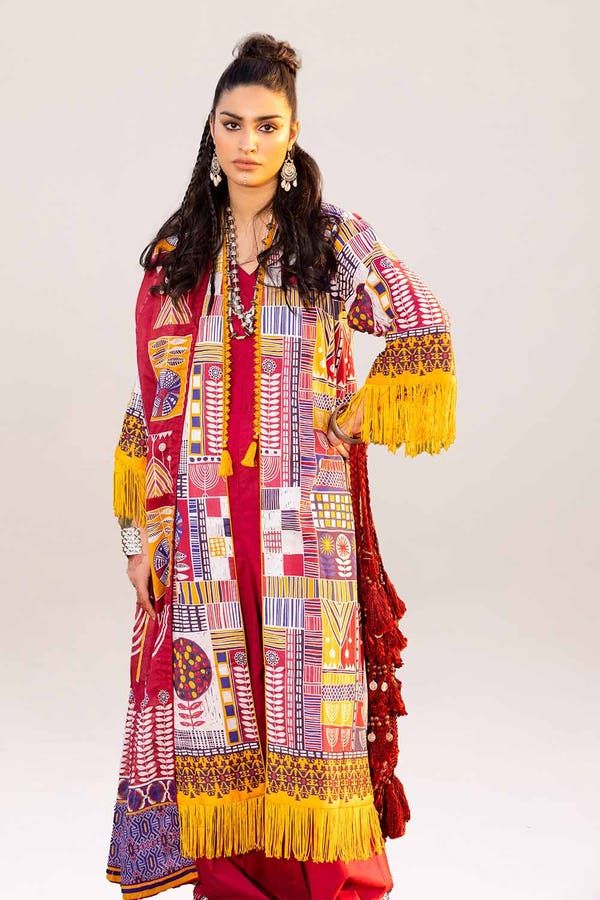 Printed Lawn Red Unstitched Suit - Gul Ahmed
