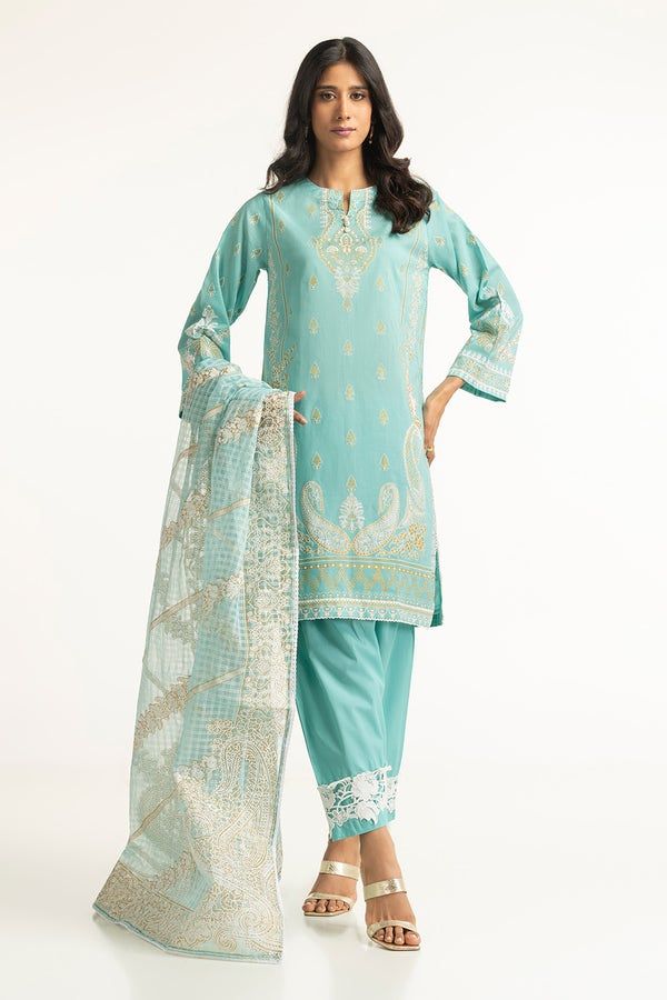 Lawn Embossed And Gold Printed Blue Stitched Suit - Gul Ahmed