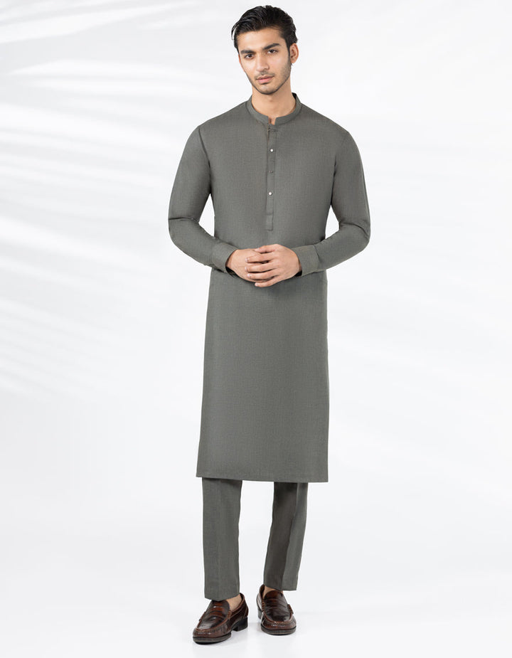 Blended Mud Green Kurta Trouser - J. Junaid Jamshed