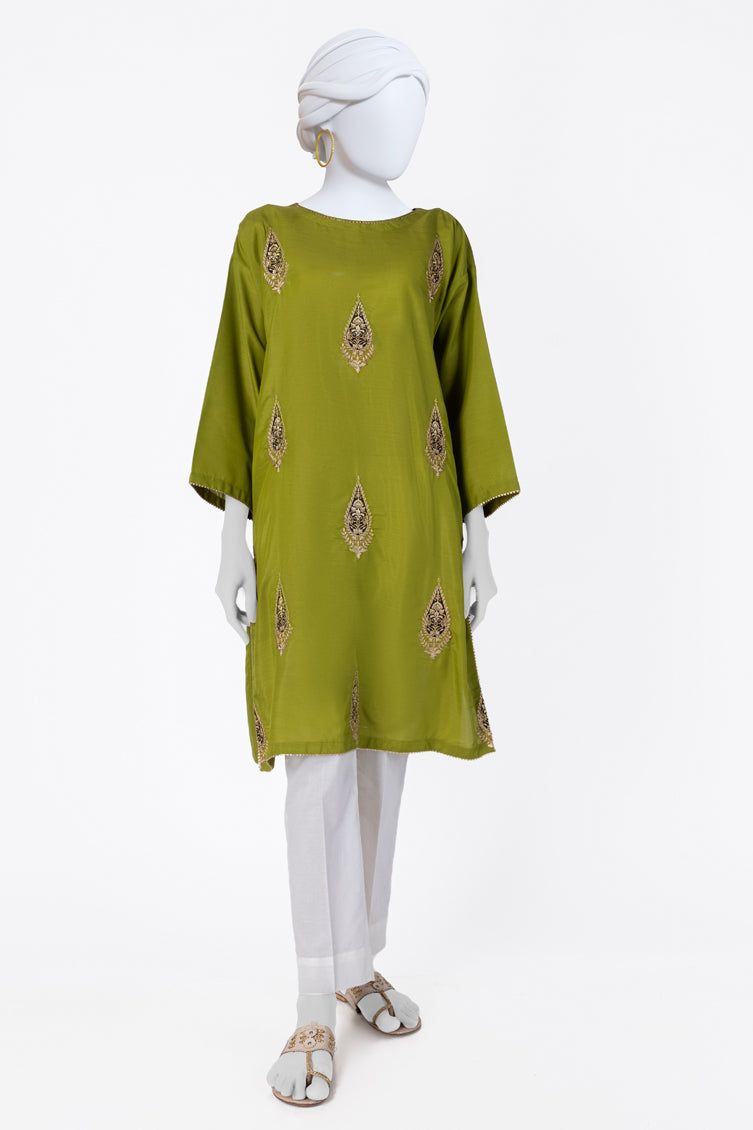 Raw Silk Green Kurti - J. Junaid Jamshed