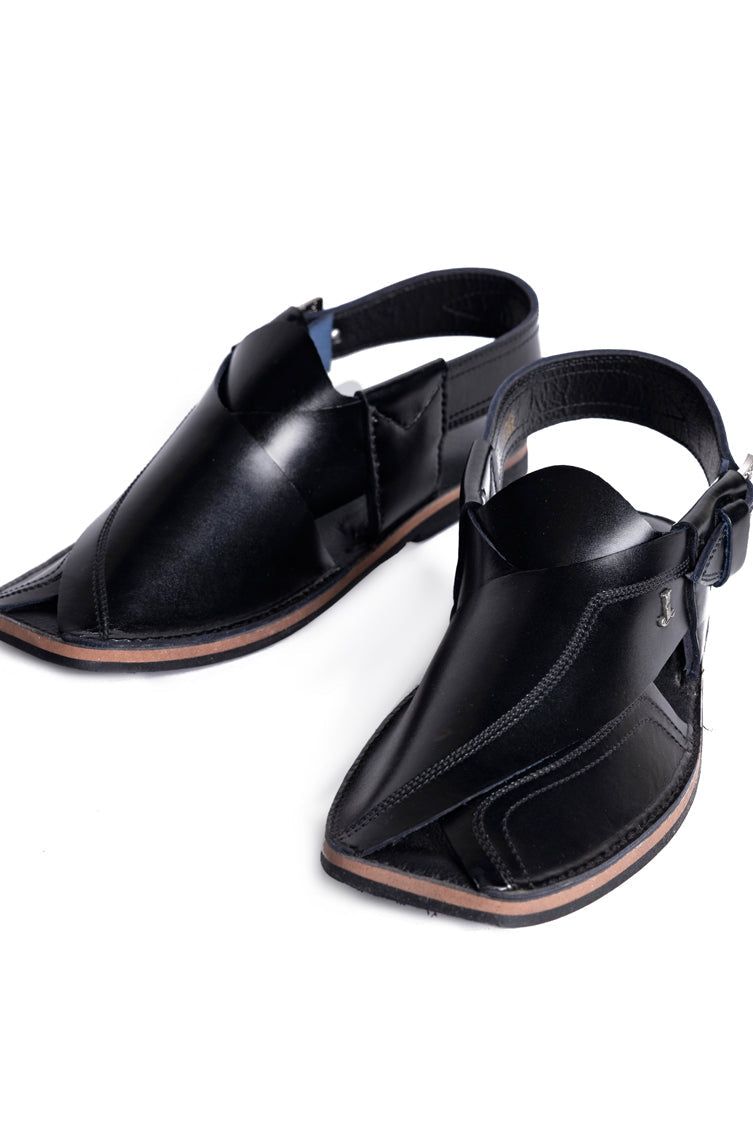 Plain Black Peshawari Chappal - J. Junaid Jamshed
