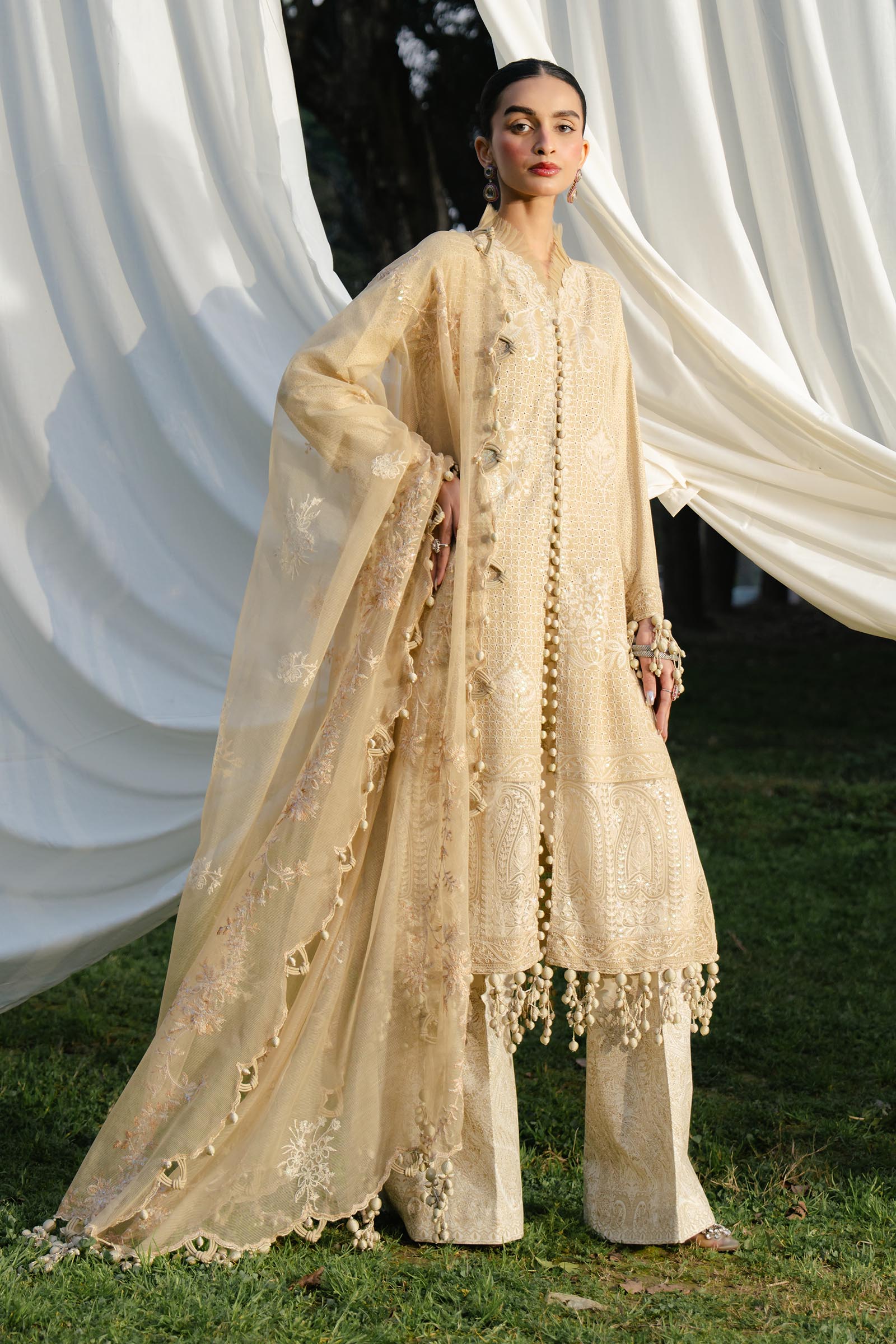 かずちゃん＊ハンドメイド＊ サフィランフランスリネン　キャメル　サルエル Skin Luxury Lawn Stitched Suit - Sana Safinaz – Janan