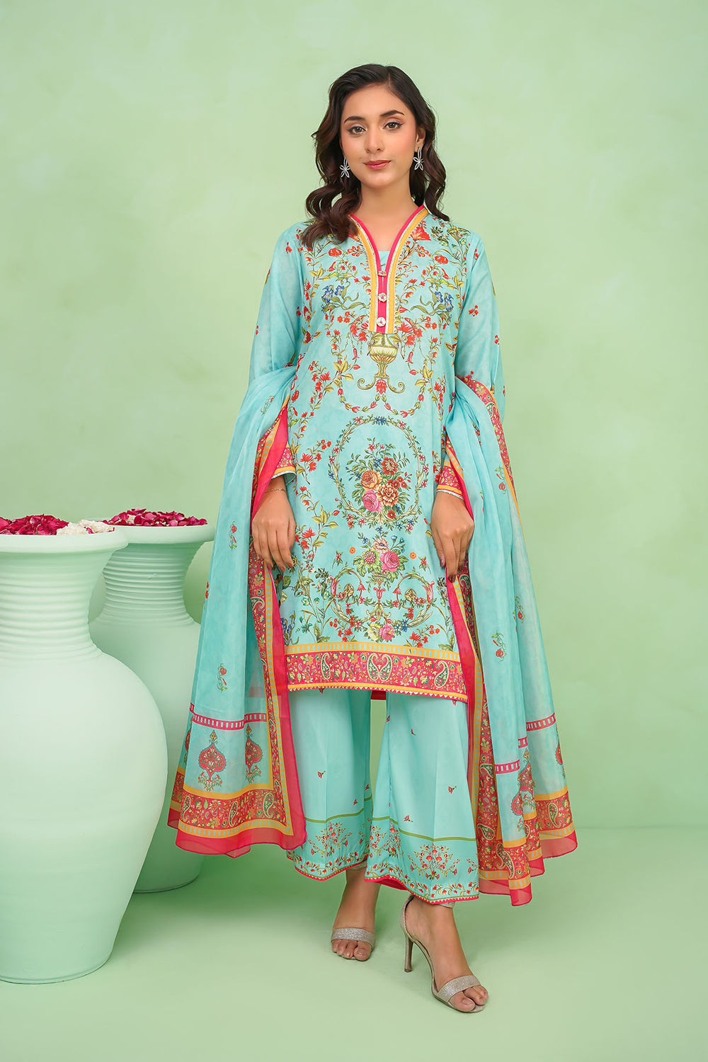 Poly Lawn Digital Printed Ferozi Stitched Suit - Ochre Janan Poly Lawn Digital Printed Ferozi Stitched Suit - Ochre Janan