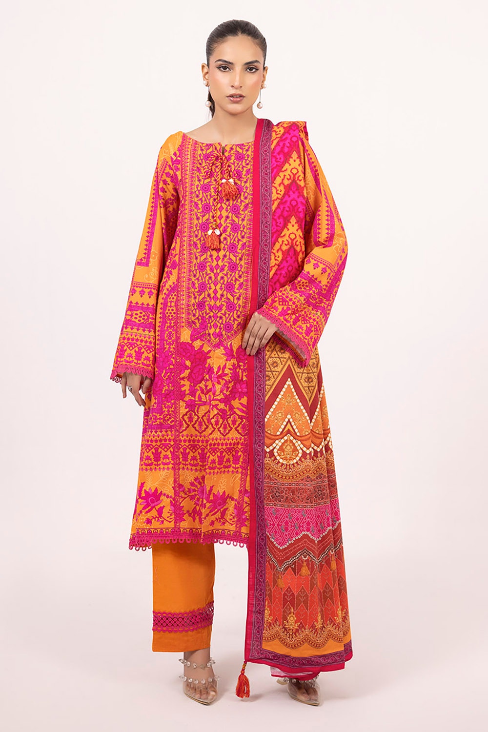 Khaddar Orange Unstitched Suit - Gul Ahmed