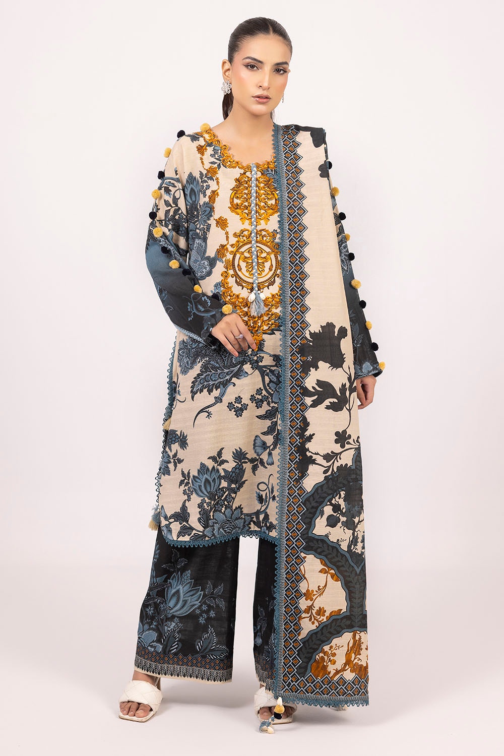 Khaddar Blue & Beige Unstitched Suit - Gul Ahmed