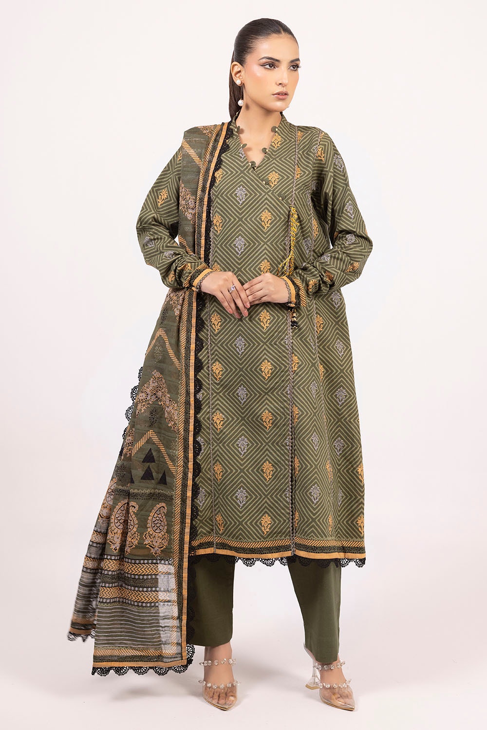 Khaddar Olive Unstitched Suit - Gul Ahmed